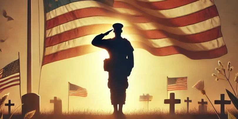 Veterans Day 2024 image of saluting soldier silhouette with US flag in background, generated by AI