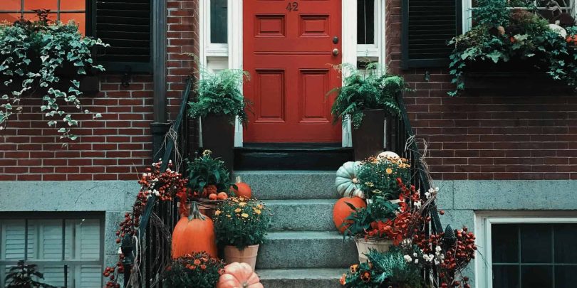 Image of pumpkins in front of stairs for Thanksgiving and Friendsgiving 2024 Blog post at Bloggey.com - Images free courtesy of Pexels.com at https://www.pexels.com/photo/pumpkins-on-stairs-in-front-of-a-door-3142467/